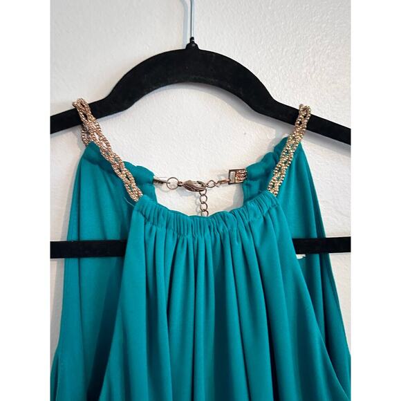 Vintage Cache Women's Green Blouson Gold Chain Halter Neck Mini Dress Size 10 - Picture 14 of 16